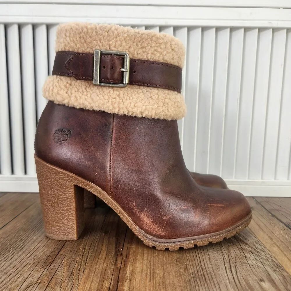 Timberland Glancy Teddy Fleece Womens Sz 9 Brown Leather Boho Heeled Ankle Boots